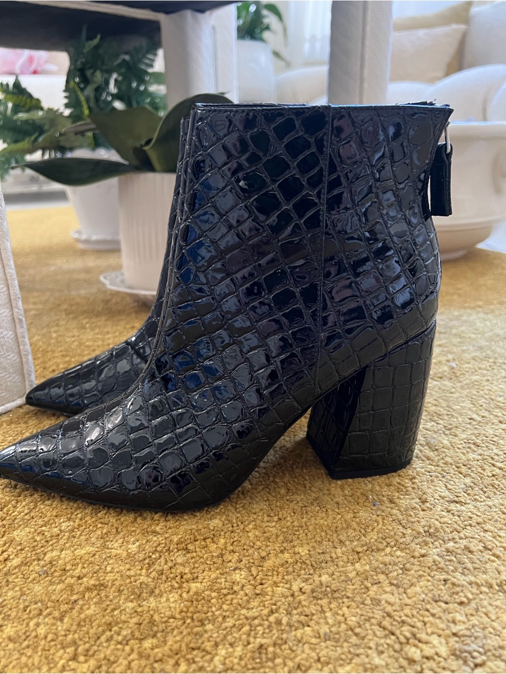 Topshop Black Croc-Embossed Block Heel Ankle Boots